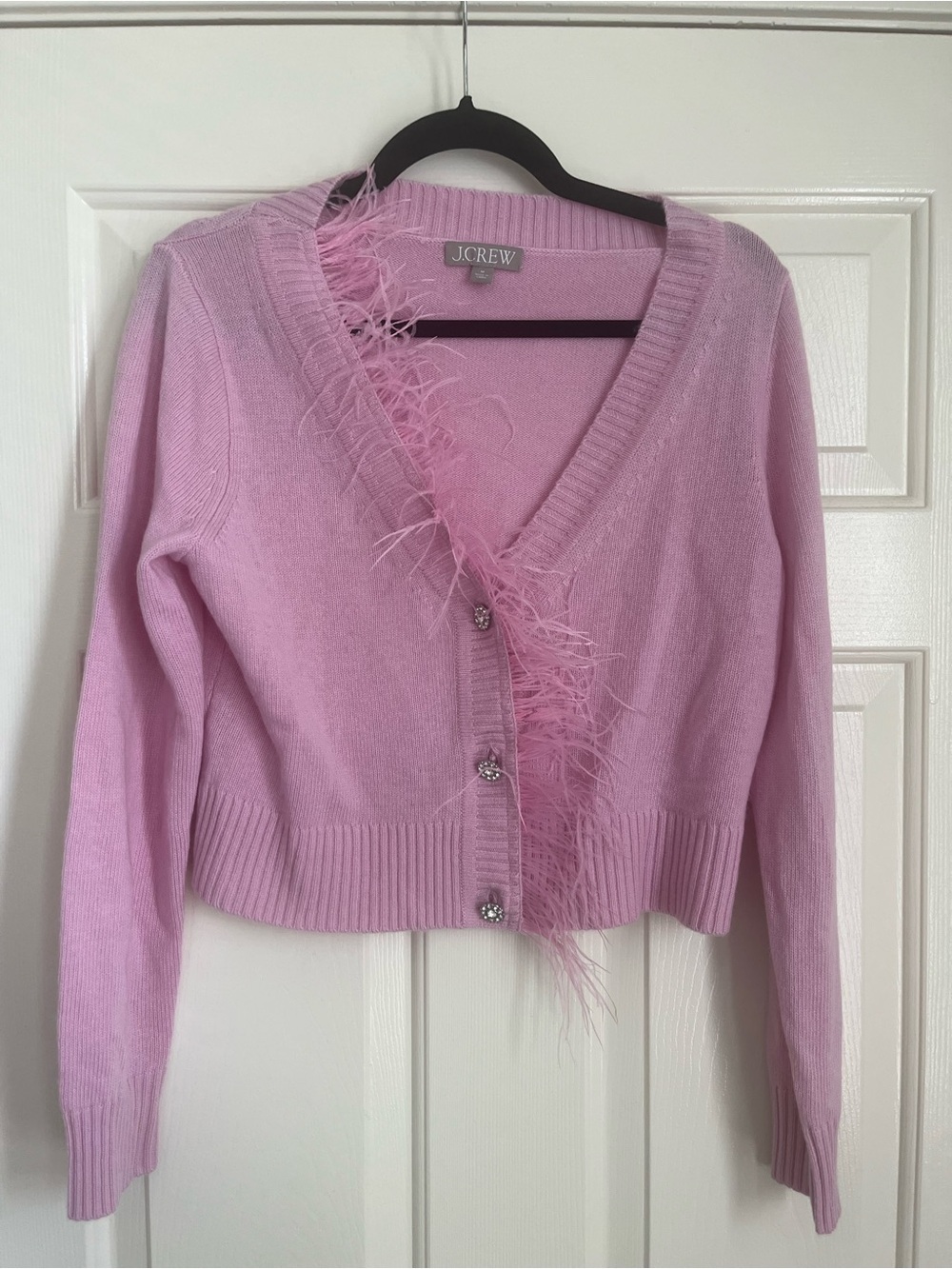 J. Crew Light Pink Feather-Trim V-Neck Cardigan